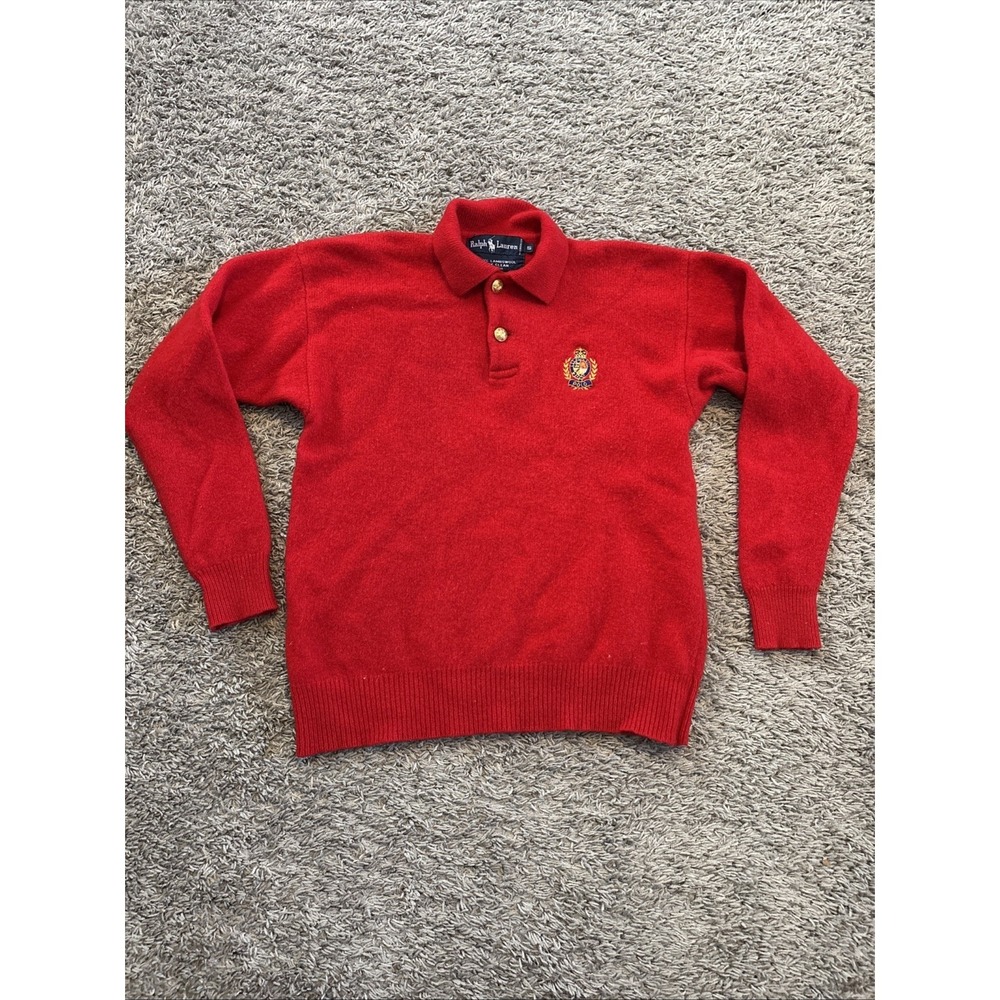 Lauren Ralph Red Gold Crest Lambswool Sweater Womens S Small Collared Pullover